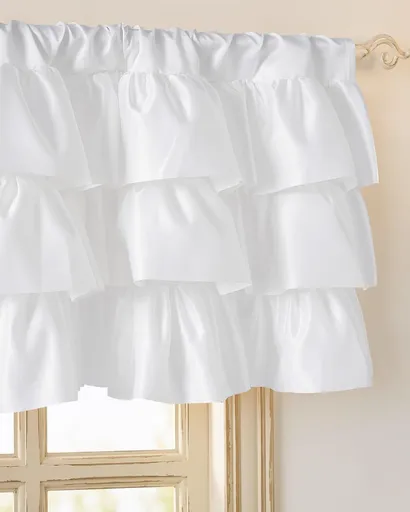 Farmhouse Ruffled Valance Curtain, Rod Pocket Three-Tier Window Treatment for Kitchen, Bathroom and Cabinet Decor, White, 132 x 46 cm