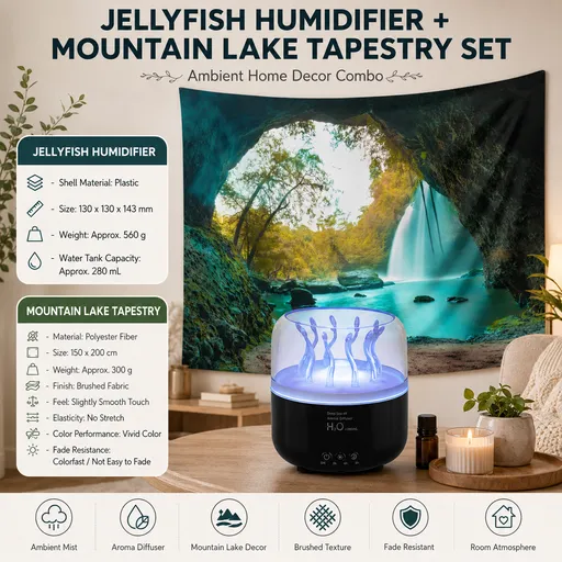 2 piece Cozy Home Duo set -Black Jellyfish Humidifier and 150×200cm Mountain Lake Tapestry -humidifier featuring multi-color lights and aromatherapy diffusion,Hanging cloth Room Decor Brushed No-Stretch Fade Resistant Nature Decor with Installation