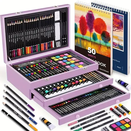 Purple 175-Piece Deluxe Art Set with 2 Drawing Boards, Wax Crayons, Acrylic Paints, Colored Pencils, Wooden Storage Case – Professional Painting Kit, Art Supplies, Ideal Gift for Christmas, Halloween, and Back-to-School Season