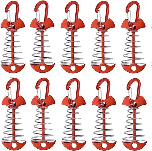 10 Pcs Fishbone Tent Stakes with Carabiners ， Aluminum Alloy & Stainless Steel Windproof Anchors with Carabiners， Deck Spring Tensioner for Camping Canopy, Hiking Gear，Essential for Mountain Climbing