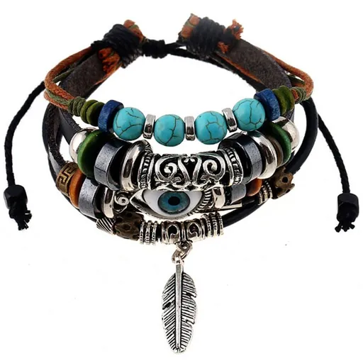 Multilayer Leather Bracelet , Handmade Beaded Bracelet , Eye Bracelet Vintage Hollow Carved Bracelet (Multicolor)