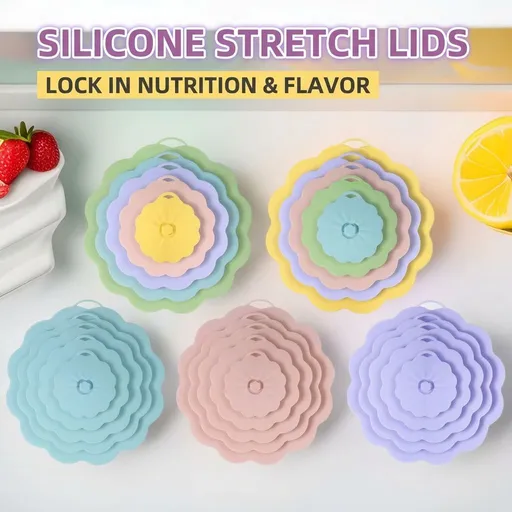 Food-Grade Silicone Stretchable Sealing Lids Set of 5 – Leak-Proof Reusable Covers for Bowls, Cups, Plates & Pots, BPA-Free, Heat Resistant to 230°C, Airtight Kitchen Freshness Keepers in Pastel Colors with Flower Knob (Blue)