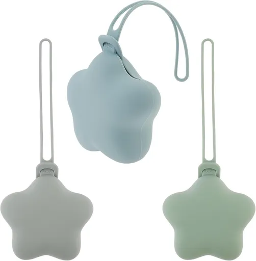3Pcs Pacifier Holder Case, Safe and Soft Material Pacifier Pouch, Food Grade Silicone Pacifier Case, Star Shape, Protective Pacifier Storage Case for Diaper Bag Stroller - Blue-Grey-Green - Size 95mm