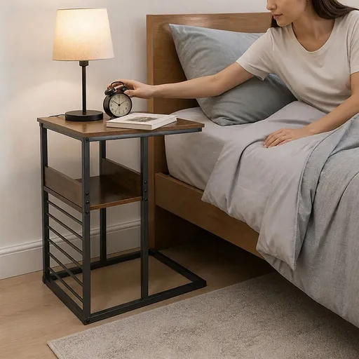 Industrial C Shaped Sofa Side Table with Wooden Shelf Couch Laptop Snack End Table