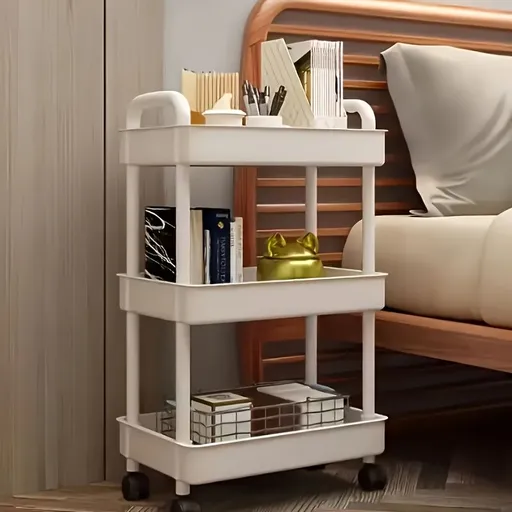 Three-Tier Rolling Cosmetics Storage Rack - Made of durable plastic, equipped with 360-degree swivel casters, strong load-bearing capacity - Suitable for bathroom, bedroom, kitchen, and home storage | White