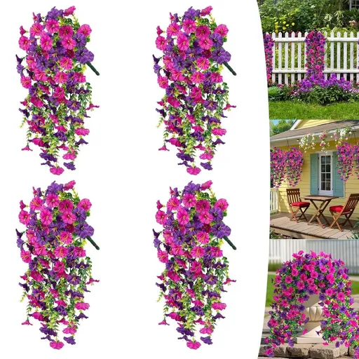 4/6PCS UV Resistant Hanging Artificial Morning Glory Vine, Blooms Realistic Faux Silk Flowers for Outdoors for Outside Planter Porch Patio Window Garden