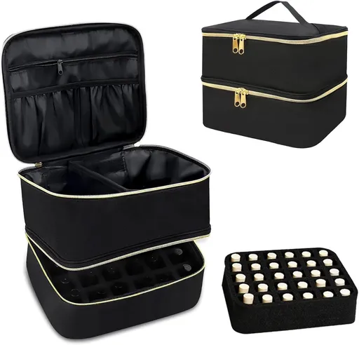 Nail polish storage - Nail polish case - Beauty case - Nail case bag - Nail stylist bag - Nail polish carrying case - double-layer makeup bag - nail accessories - nail organizer - storage box - for 30 bottles and nail lamp - 25*20*21 cm - black