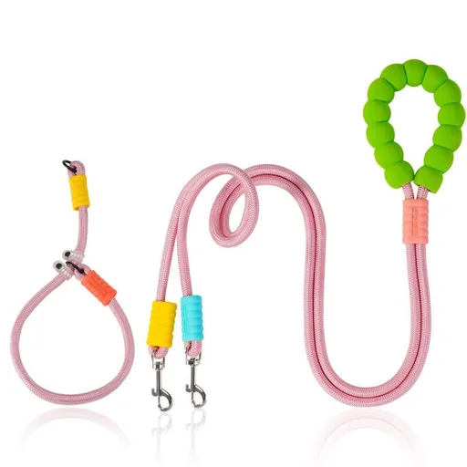 Pink Double Dog Leash and Collar Set - Braided Rope Dual Lead with Padded Handle, 360 Degree Swivel Clips and Adjustable Collar for Daily Dog Walking