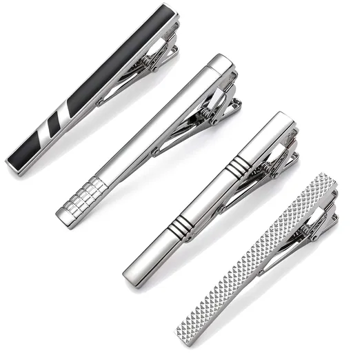 Tie Clips for Men, Classic Style Silver Tie Bar Set for Regular Ties Luxury Box Gift Ideas- (4 pcs)