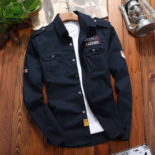 Jekop Men Long Sleeve Cotton Shirt Outdoor Workwear Dark Blue XL