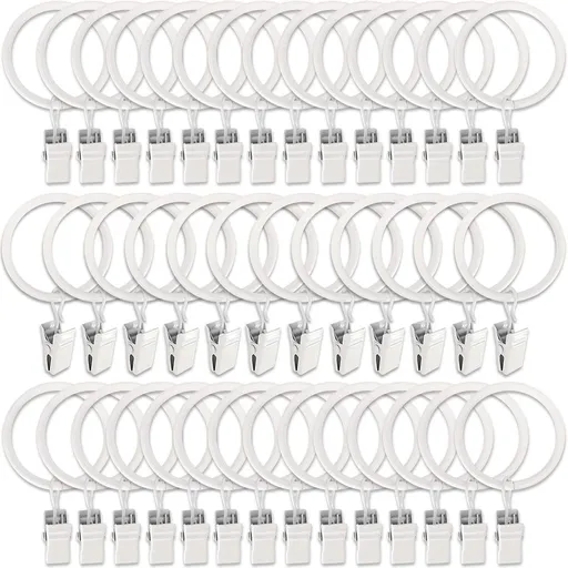 Curtain rings - 45 pieces - Inner diameter 3.8CM - White - Curtain clips for curtain rods - Metal clamps with clip - Hooks for shower curtains, towels, tea towels and dishcloths - Curtain hooks - Curtain hooks