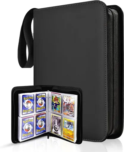 Trading Card Binder 4 Pocket,400 Pockets for Pokemon Cards with Zipper,50 Sleeves Holder Compatible Standard Card,Sport Card,Game Card-Gift Boy and Girl(4-Pockets, Black) Black 4-Pockets