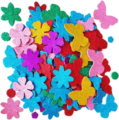 Glitter Foam Flower and Butterfly Shapes Stickers, Self-Adhesive Stickers Kid's Arts Crafts Supplies for Greeting Cards DIY Scrapbooking Creative Toys Home Decoration (Random Colors)