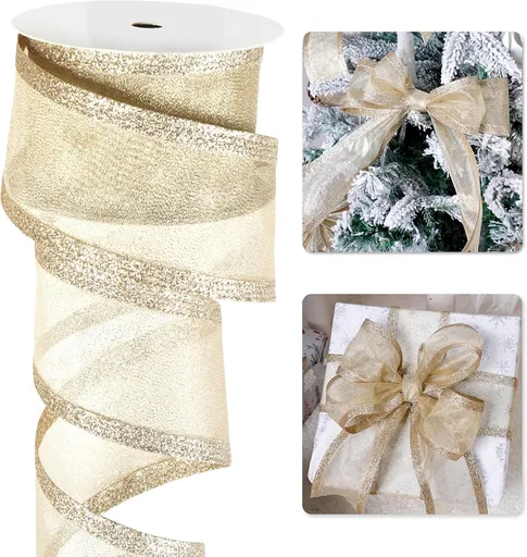 Champagne Christmas Ribbon Wired 2.5 Inch Champagne Gold Metallic Wired Ribbon with Glitter Stripe, Ribbon for Christmas Tree, Wreaths Supplies, Swag, Garland, Holiday Decor - 10 Yards