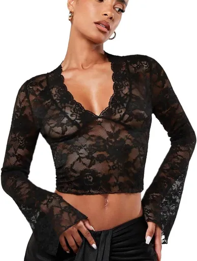 Womens Sheer Lace Long Sleeve Crop Top, Nylon Spandex V Neck Floral Mesh Fitted Shirt For Clubwear And Party, Black