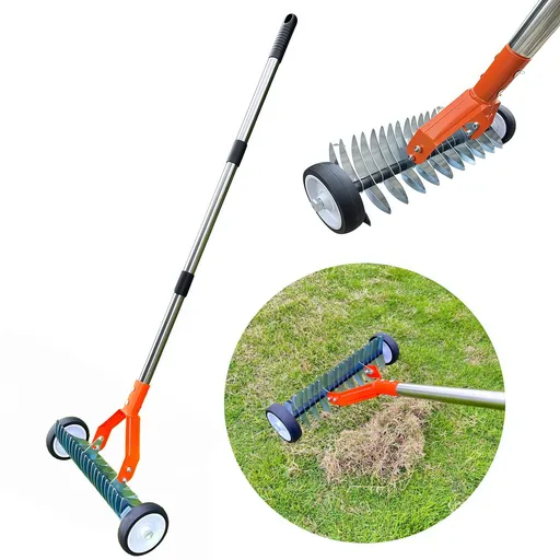 2-in-1 Adjustable Lawn Dethatcher Rake, Ergonomic High-Carbon Steel Garden Rake with Dual-Sided Tines, Detachable Length Handle(Orange)