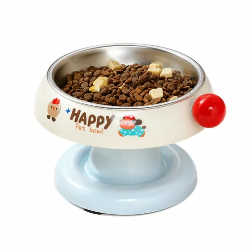 White and Blue Elevated Pet Food Bowl - Stainless Steel Insert, Non-Slip Base, Wide Mouth Design, Ergonomic Neck Protection for Cats and Small Dogs