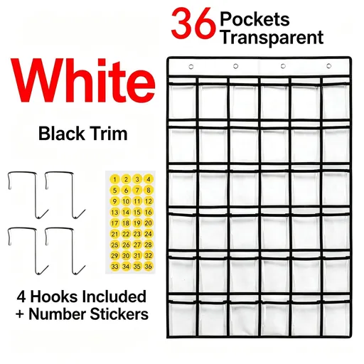 White 36 Pockets | Labeled Hanging Storage Bag | Halloween Clean & Tidy Gift | Bright Multi-Pocket for Classroom Office Card Phone Storage