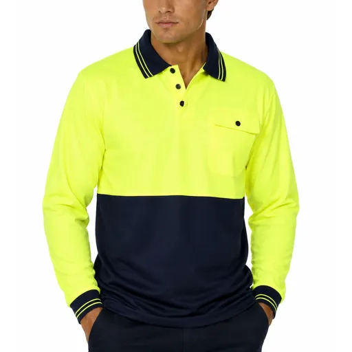 Hi Vis Long Sleeve Polo Shirt Quick Dry Micromesh Safety Workwear PPE - Yellow