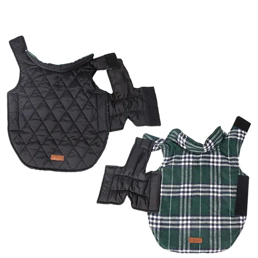 Reversible Winter Dog Coat with Plaid and Quilted Sides, Warm Cotton-Filled Vest for Outdoor Walks, Adjustable Velcro Straps for a Secure Fit (2XL, Green)