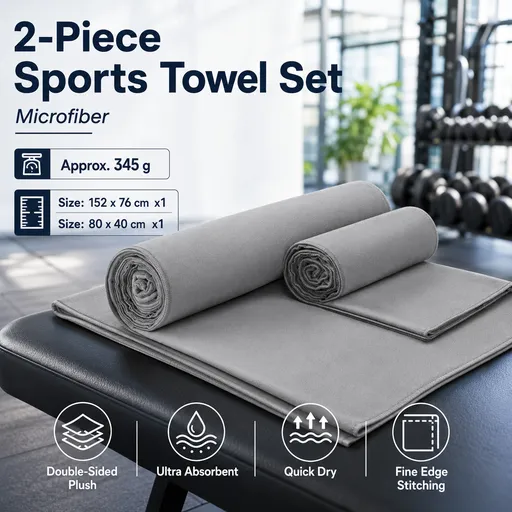 2 Piece Grey Microfiber Sports Towel Set - 152*76cm and 80*40cm Quick Dry Gym Towels, Ultra Absorbent Sweat Towel for Fitness Running Swimming, Lightweight Travel Friendly