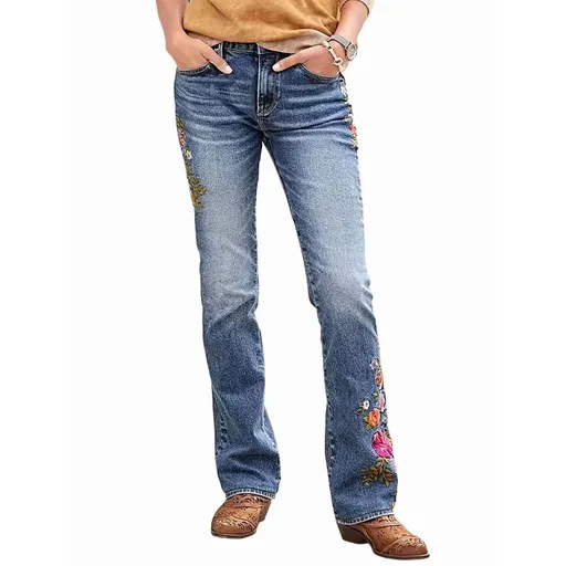 Women'S Floral Embroidery Mid Waist Mid Stretch Bootcut Jeans with Pockets Blue M