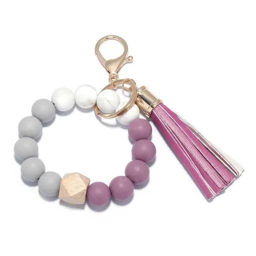 Keychain Bracelet Wristlet, Silicone Beaded Key Ring Bracelet with Card Wallet, Elastic Keyring Bangle for Womens