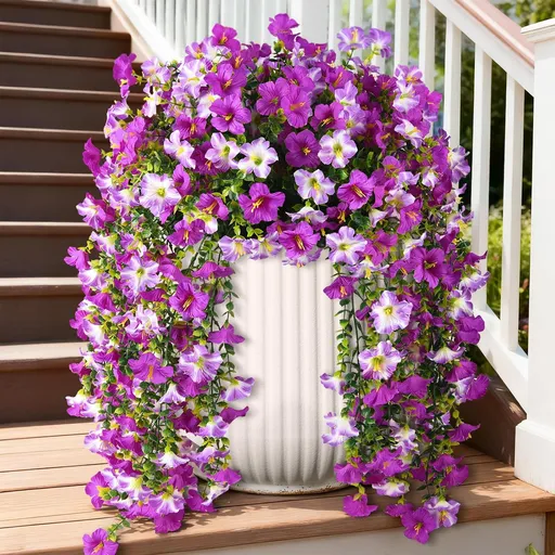 Artificial Fake Hanging Flowers Plants for Outdoor Spring Decoration,2 PCS Faux Silk Morning Glory with Eucalyptus Leaves,UV Resistant Realistic Trailing Vines for Balcony Porch Patio Yard Garden