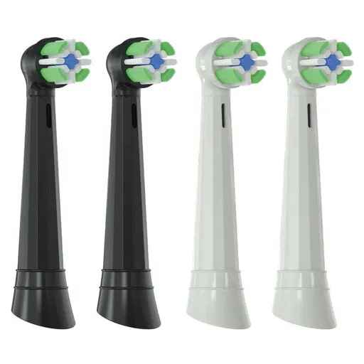 Replacement brush heads for rotary electric toothbrushes. Compatible with Oral-B's IO series (not genuine). High-density, rounded soft bristles. Pack of 4 (2 black, 2 white)