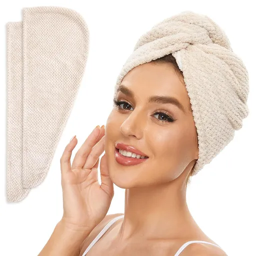 2 Pack Microiber Hair Towel Wrap or Women, Anti rizz Quick Drying Hair Turban or All Hair Style, Absorbent and Lightweight (Beige)