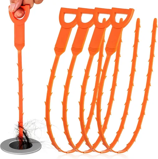 4 Pack Orange Drain Unblocker Flexible Reusable Hooks for Kitchen Bathroom Toilet Sink