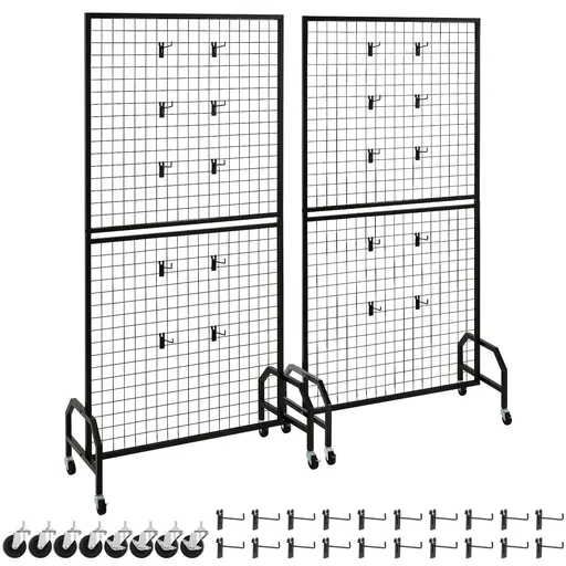2 Packs Grid Wall Panels, 898 x 1798 mm Wire Grid Panels Display Rack, Movable Art Display Shelf with Wheels & 10 Hooks, Black Carbon Steel Gridwall for Craft Show, Decor, Storage, Notice Board