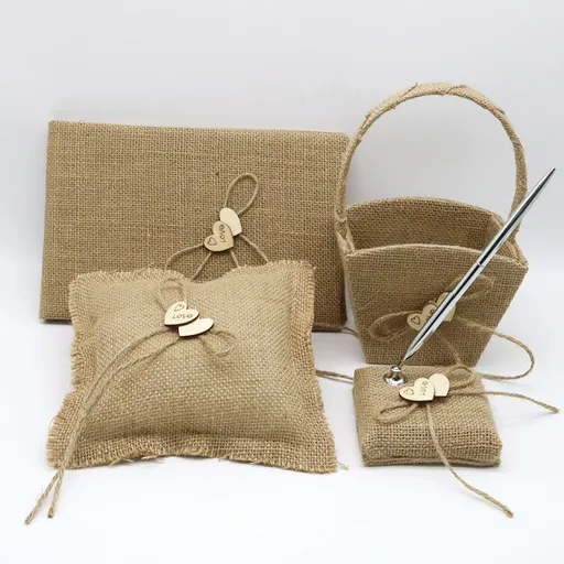 Rustic Burlap Flower Girl Baskets with Pearl Handle,Bow Knot Heart Petals Basket for Vintage Wedding Ceremony