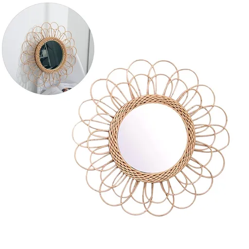 40cm Hanging Mirror Rattan Sunflower Circular Wall Mirror Decor Boho Wicker Dressing Makeup Mirrors