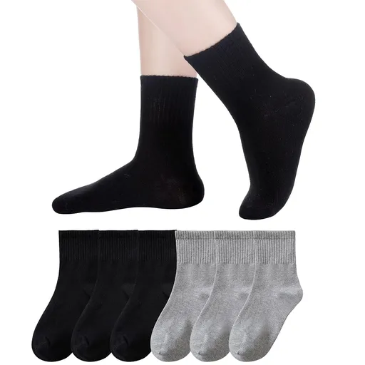 Kids Athletic Crew Socks Boys Girls Cotton School Uniform Casual Basic Socks 6 Pairs 9 - 12 Years Black + Gray