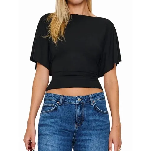 Wrap Tops Casual Short Sleeve Tie Back Cinched Waist Blouse Black