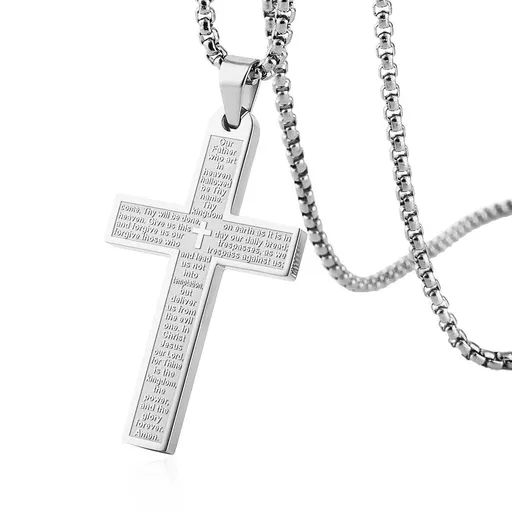 Stainless Steel Mens Womens Cross Necklace Lord's Prayer Pendant Men's Nail Lord's Prayer Cross Pendant Necklace for Men Women