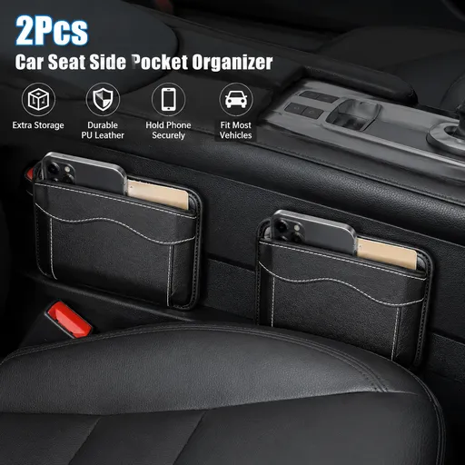 2Pcs Car Seat Side Pocket Organizer, PU Leather Mini Vehicle Phone Holder Storage Bag, Automotive Interior Tray Pouch Seat Gap Filler Accessories, Universal for SUV Sedan Truck (Black)
