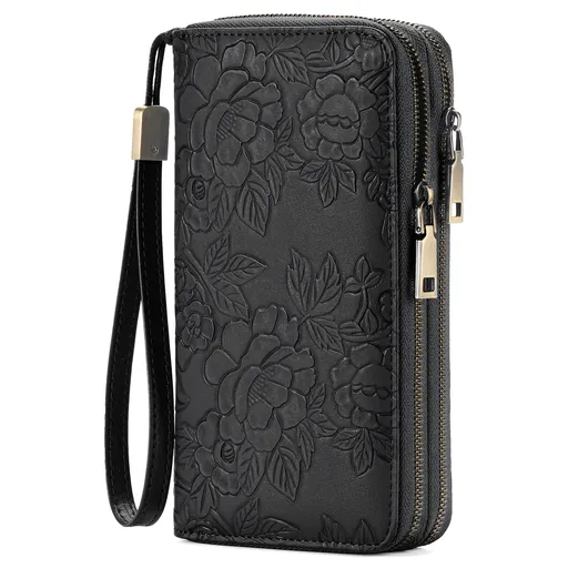 Black Floral Embossed Large Capacity Women's Wallet - Double Zipper PU Leather Clutch with Detachable Wrist Strap