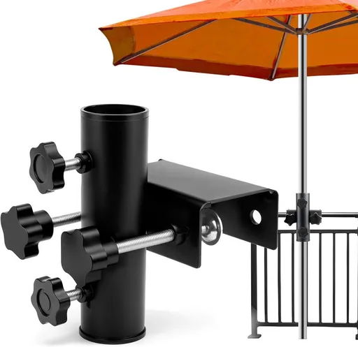 Adjustable Metal Balcony Parasol Bracket, Sturdy Clamp‑on Umbrella Holder for Ø23‑38 mm Poles, Space‑Saving Mount for Balcony Railing, Patio
