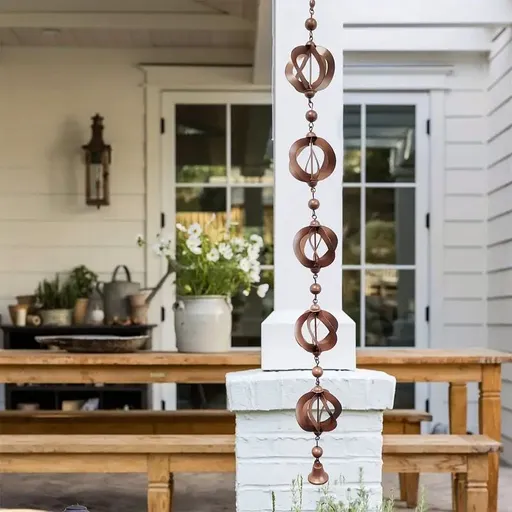 Rotating Rain Catcher Chain with Bell Retro Wind Chimes, Decorative Rain Chains for Gutters Garden Hanging Ornament