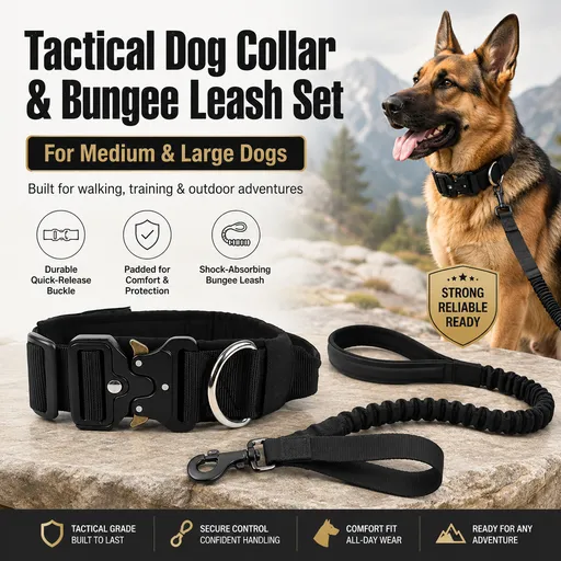 Black Tactical Dog Collar and Bungee Lead Set (XL size) - Padded Quick Release Collar with Control Handle and Shock Absorbing Leash for Medium and Large Dogs