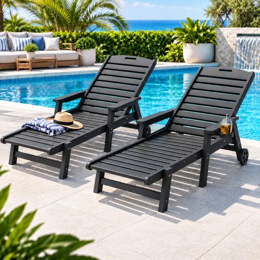 Gardeon 2PCS Sun Lounge Lounger Beach Chair HDPE Patio Outdoor Furniture with Wheels Black