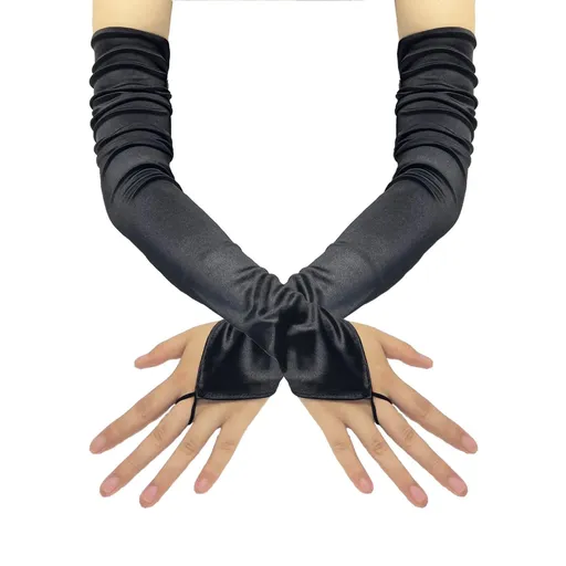 Women Long Satin Fingerless Gloves Satin Elbow Length Gloves for Bridal Wedding Party Prom Opera Costumes Accessories（black）