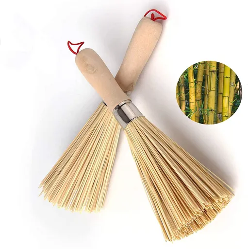 2Pack Traditional Natural Bamboo Wok Brushes , Kitchen Cleaning Brush, Bamboo Kitchen pan Brush, for Cleaning Dishes