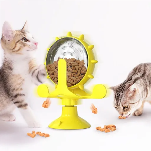Cat Dog Treat Dispenser Toy - Cat Interactive Feeder Pet Food Toys Feeder 360° Degree Rotating Food Leakage Device Rotate with Strong Suction Cup Money Wheel Shape (Yellow)