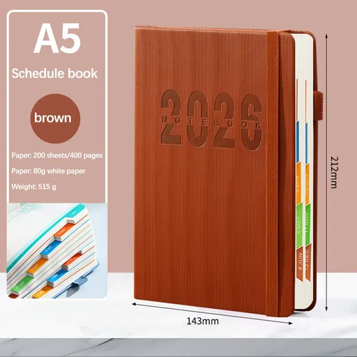 2026 Weekly Planner Notebook, Daily Planner Hardcover Calendar with Tabs and Pen Strap, 200 Pages Journaling Notebooks Daily Time Management Plan for Office Work(Purple) Brown