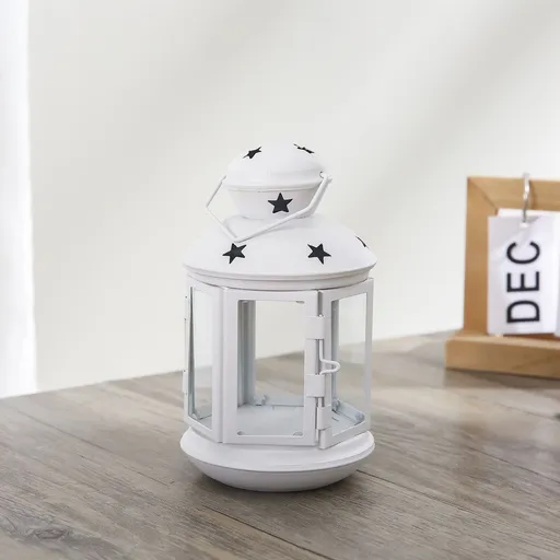 White European Style Star Cutout Metal Candle Lantern - Handcrafted Iron & Glass Decorative Lamp for Christmas, Home, Wedding, Party Easy to carry - Perfect for Living Room, Bedroom, Study