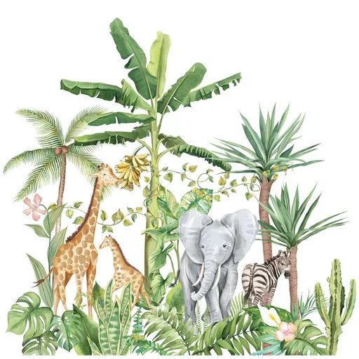 Tropical Rainforest Animals Plants Wall Stickers, Removable Cartoon Elephant Giraffe Nordic Plant Wallpaper Decor, Peel and Stick