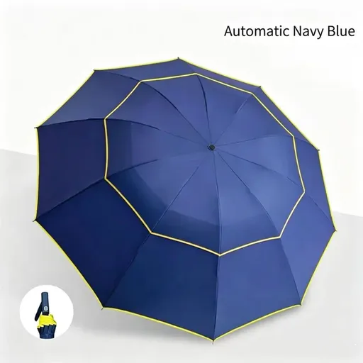 Navy Blue Compact 3-Folding Automatic Golf Umbrella, 42 Inch Large Coverage Double Canopy with 10 Steel Windproof Ribs, Waterproof Impact Cloth for Men and Women, Outdoor Sports Sun & Rain Protection